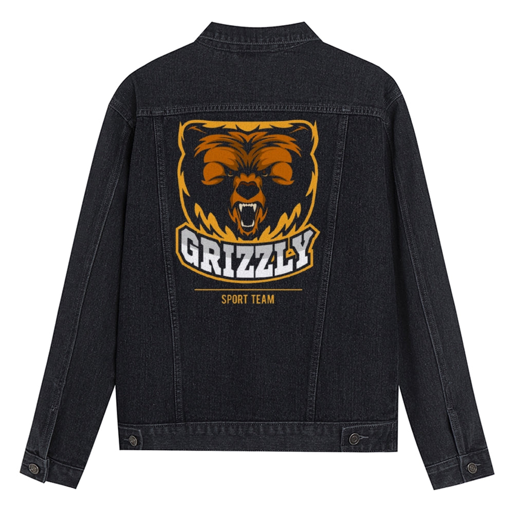 Mens Vintage Cartoon Prints GRIZZLY SPORT TEAM Denim Jacket