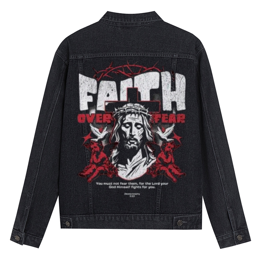 Mens Vintage Faith Over Fear Gothic Graphic Denim Jacket