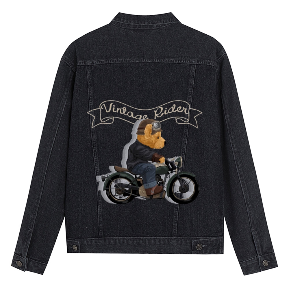 Mens Vintage Cartoon Cute Bear Vintaae Rider Prints Denim Jacket