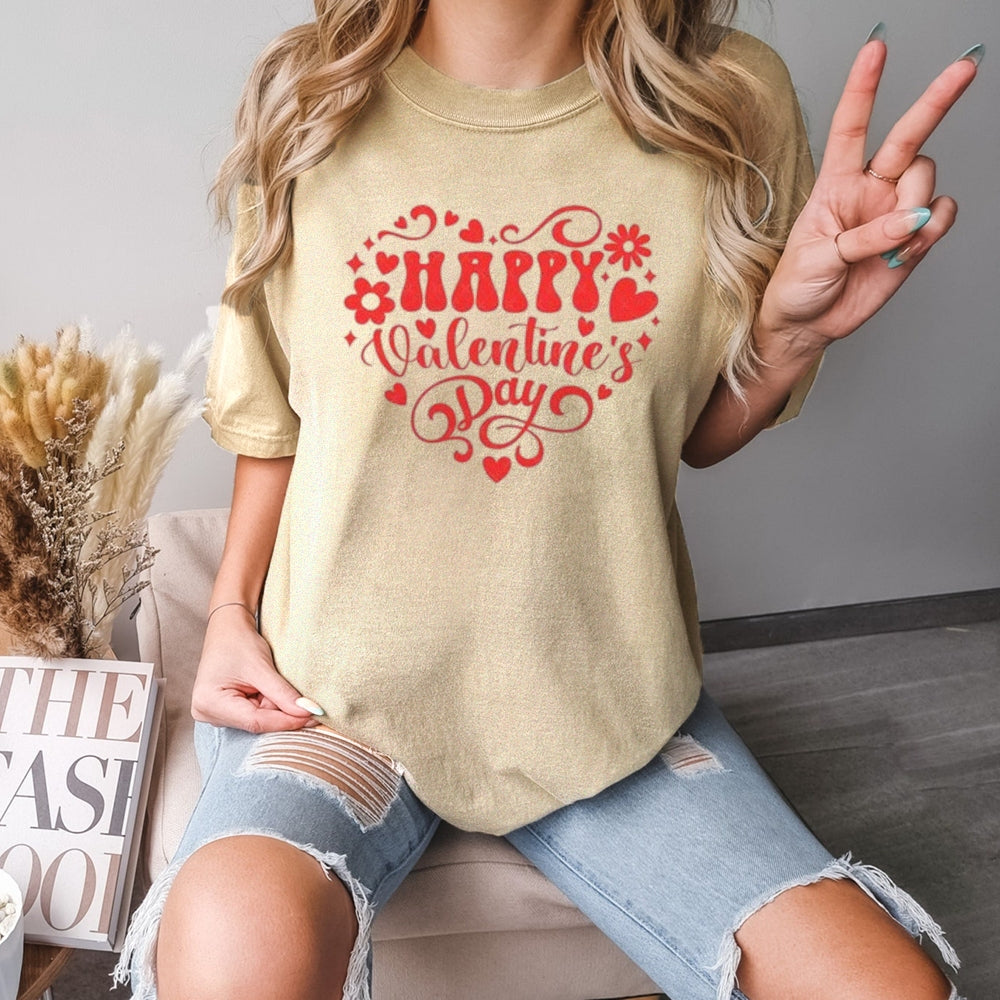 Women Happy Valentine's Day Heart Shape Print Graphic T-shirt