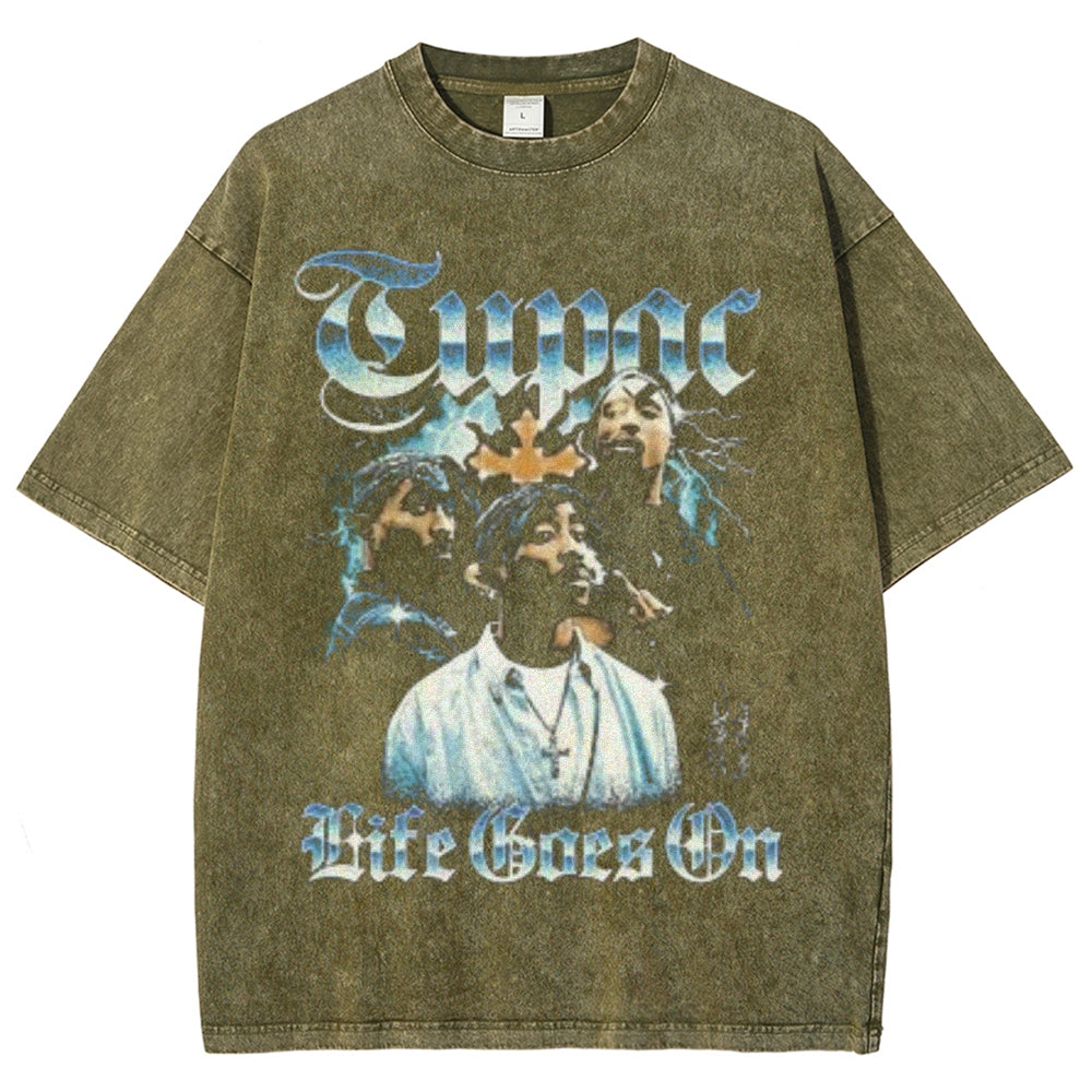 Unisex Vintage Tupac Life Goes On Graphic Short Sleeve Washed T-shirt