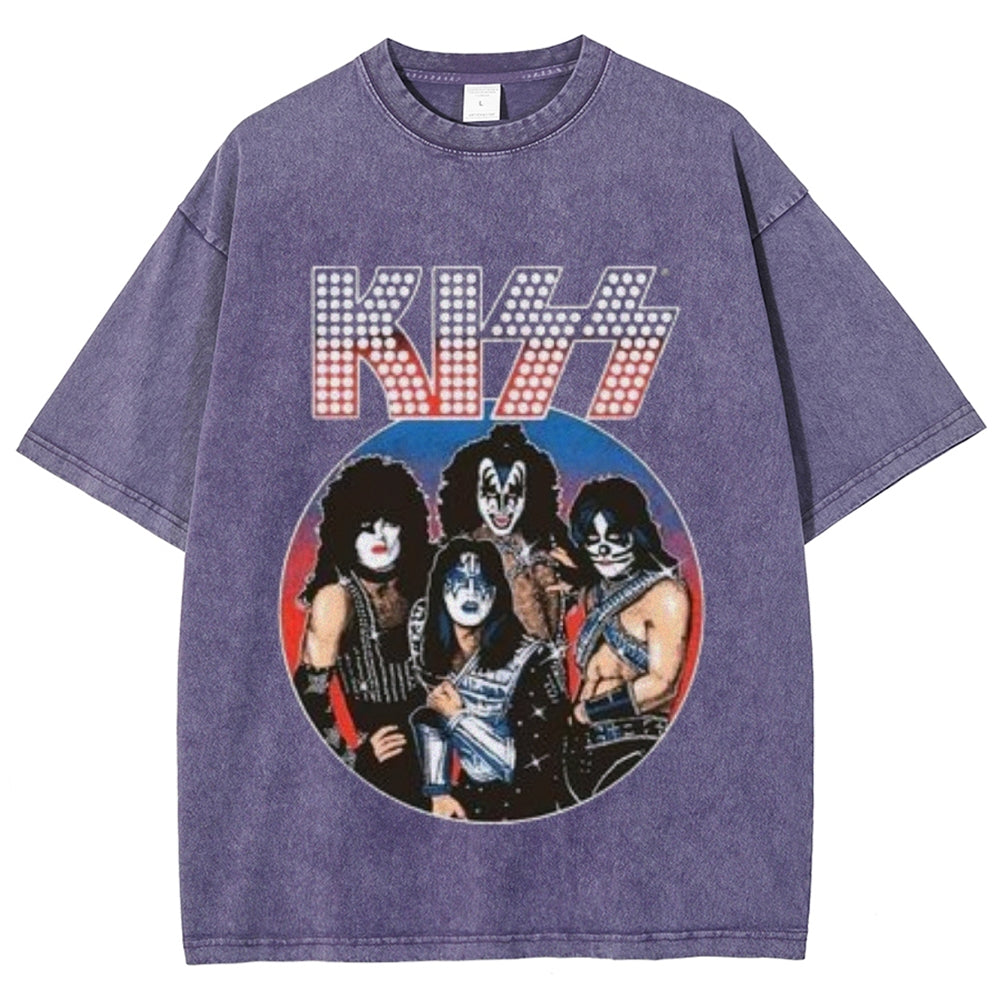 Unisex Vintage The Kiss Rock Band Print Short Sleeve Casual Graphic Washed T-shirt