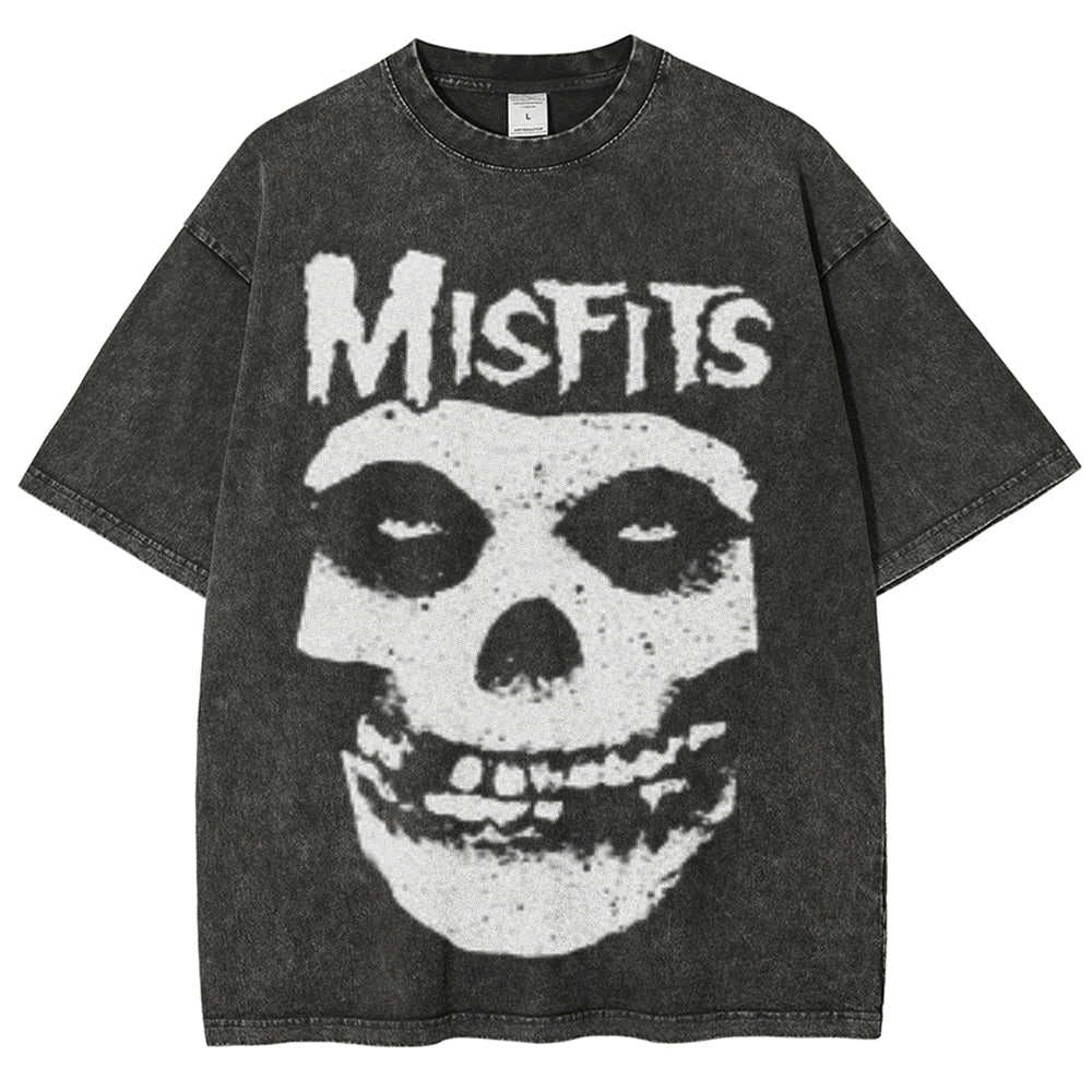 Unisex Vintage The Misfits Rock Band Print Short Sleeve Casual Graphic Washed T-shirt