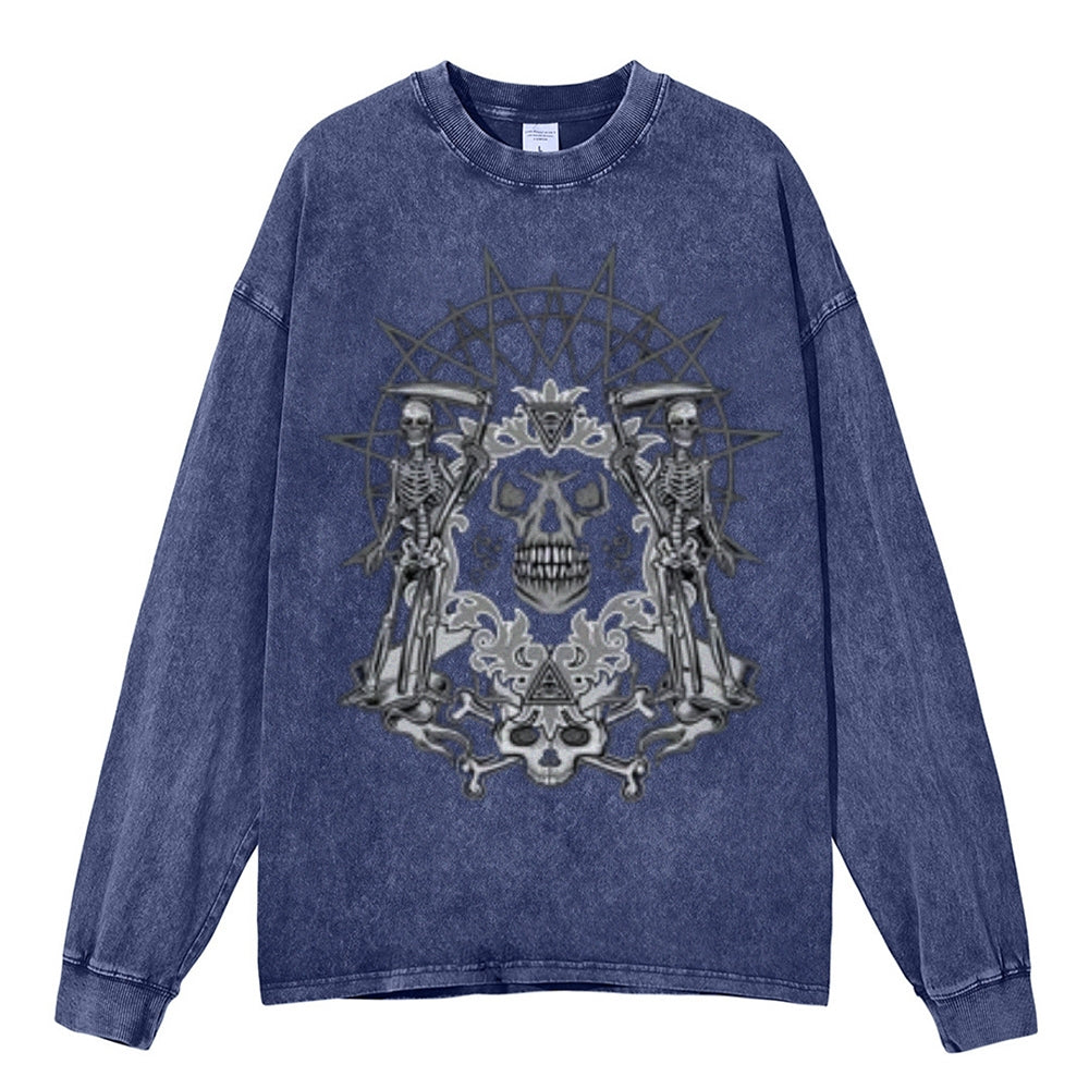 Oversized Vintage Washed Gothic Skull Graphic Sweatshirt