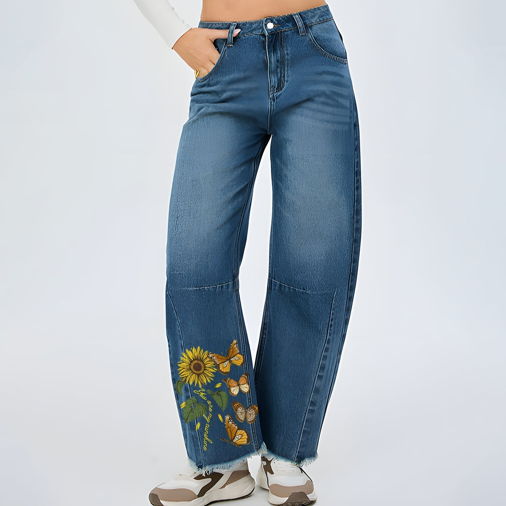 Women Sunflower And Butterfly Graphic Baggy Straight Leg Jean