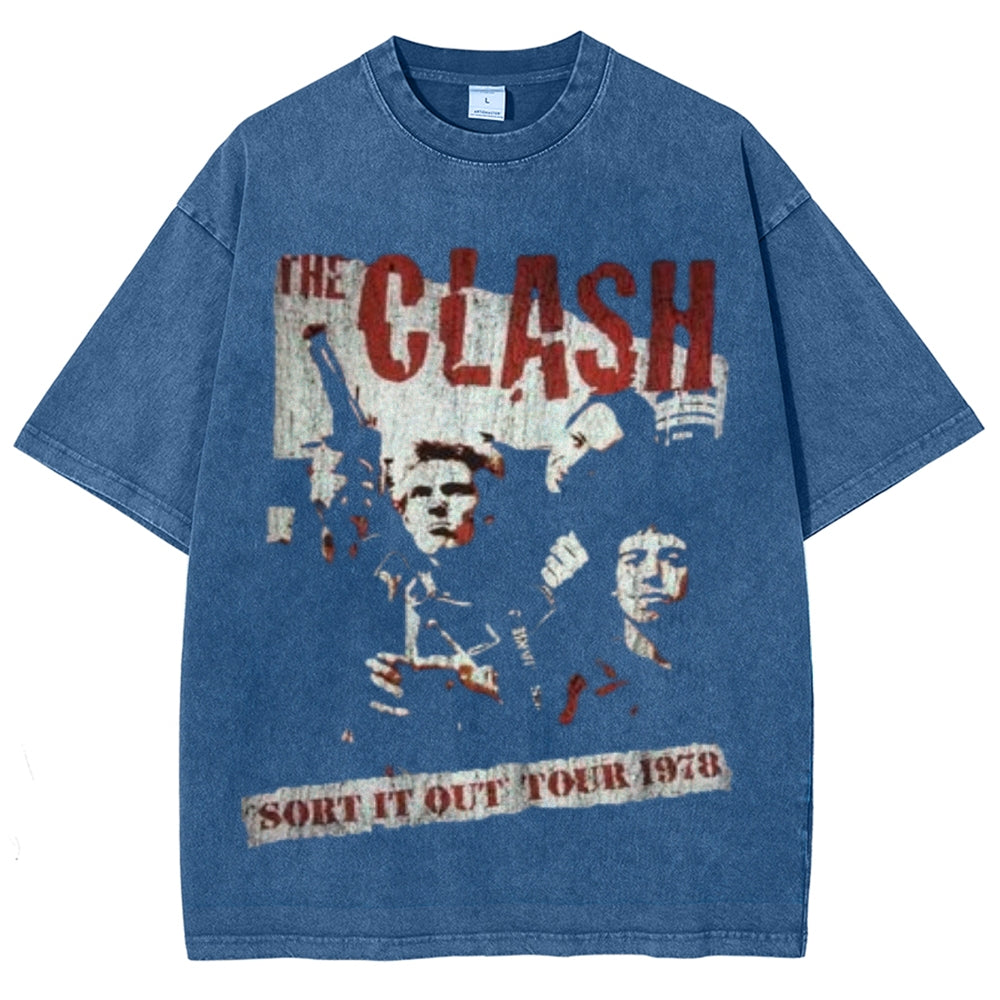 Unisex Vintage The Clash Rock Band Print Short Sleeve Casual Graphic Washed T-shirt