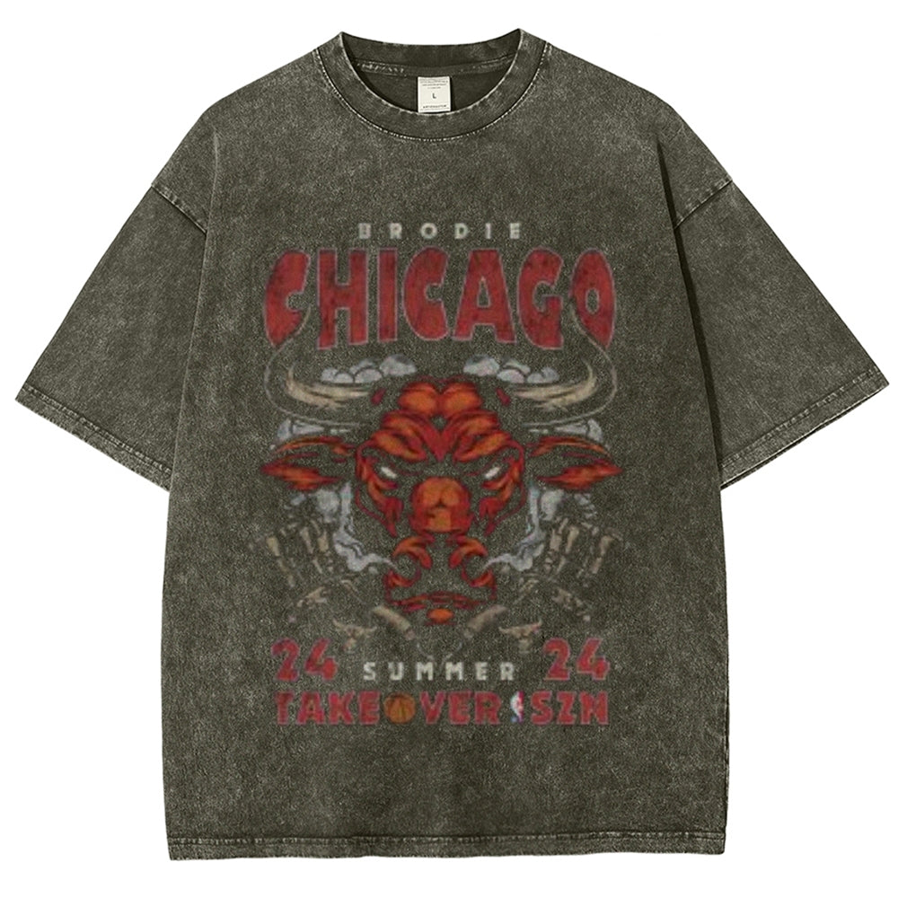 Unisex Vintage Chicago Letter Print Short Sleeve Graphic Washed T-shirt