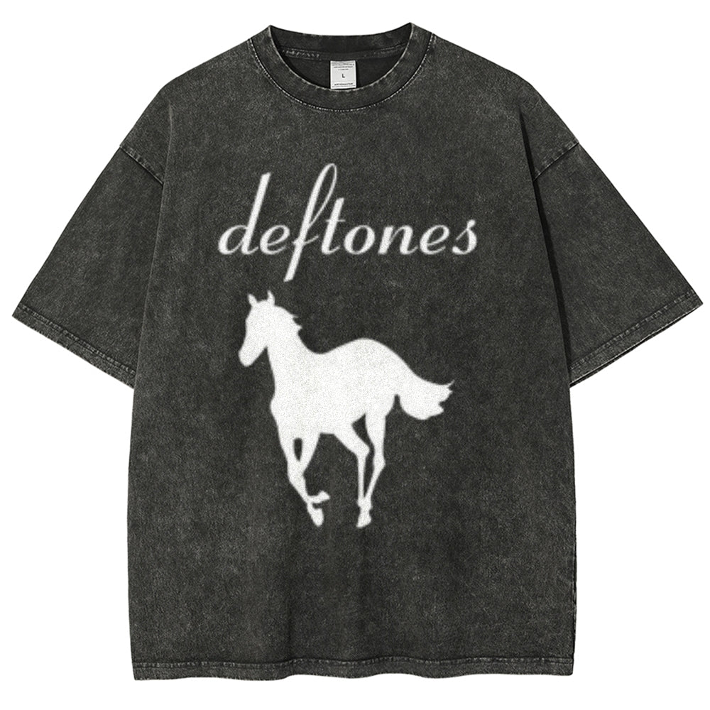 Unisex Vintage The Deftones Rock Band Print Short Sleeve Casual Graphic Washed T-shirt