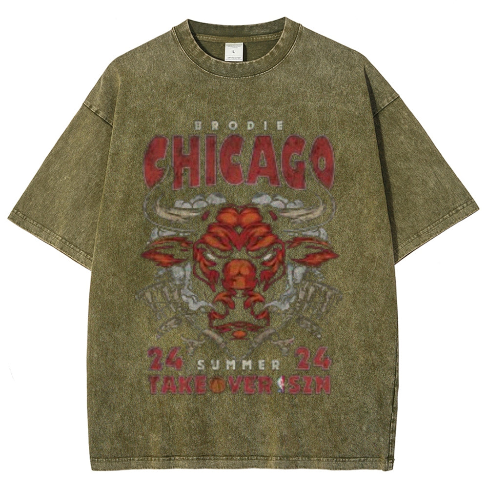 Unisex Vintage Chicago Letter Print Short Sleeve Graphic Washed T-shirt