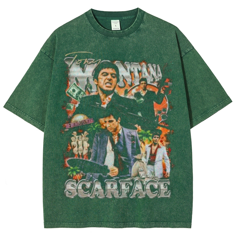 Unisex Vintage Scarface Horror Graphic Short Sleeve Washed T-shirt