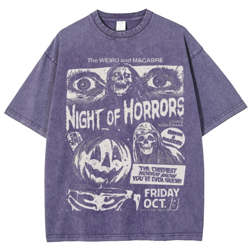 Unisex Vintage Night of Horrors Graphic Short Sleeve Washed T-shirt