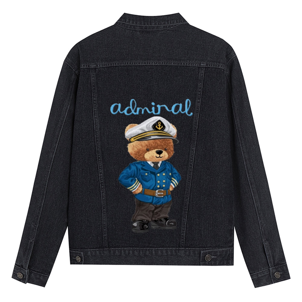 Mens Vintage Cartoon Cute Adminal Bear Prints Denim Jacket