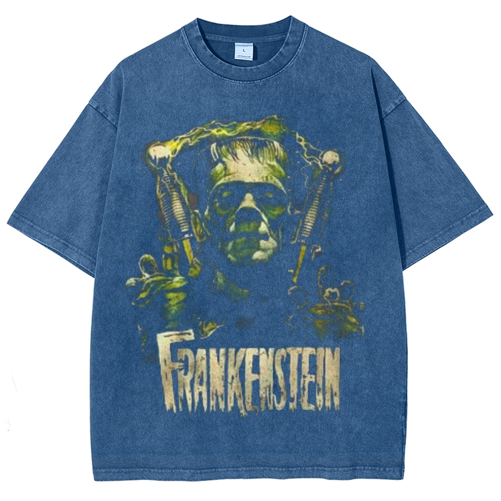 Unisex Vintage Frankenstein Monster Horror Graphic Short Sleeve Washed T-shirt