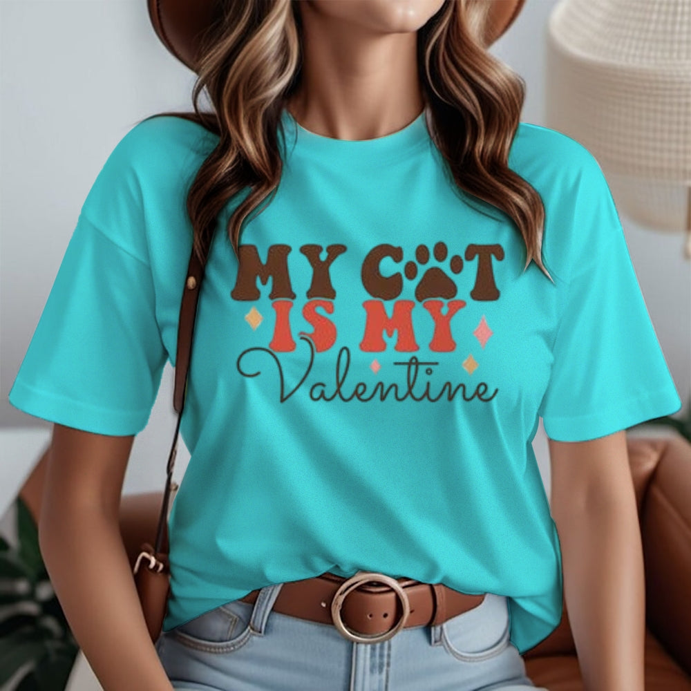 Women My Cat Is My Valentine's Day Print Graphic T-shirt