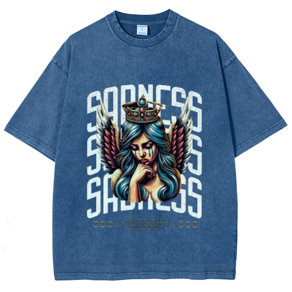 Women Washed Vintage Sading Angel Graphic T-shirt