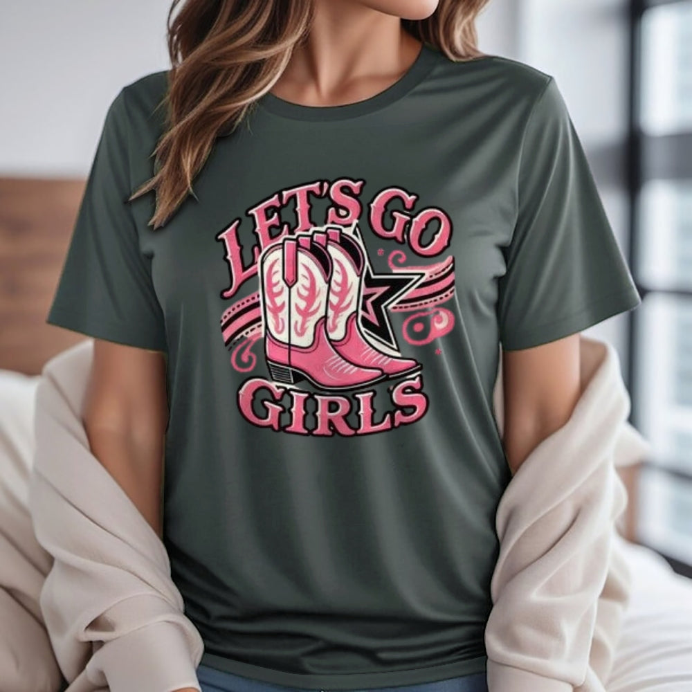 Women Western Cowboy Style Let's Go Cowgirls Print Graphic T-shirt