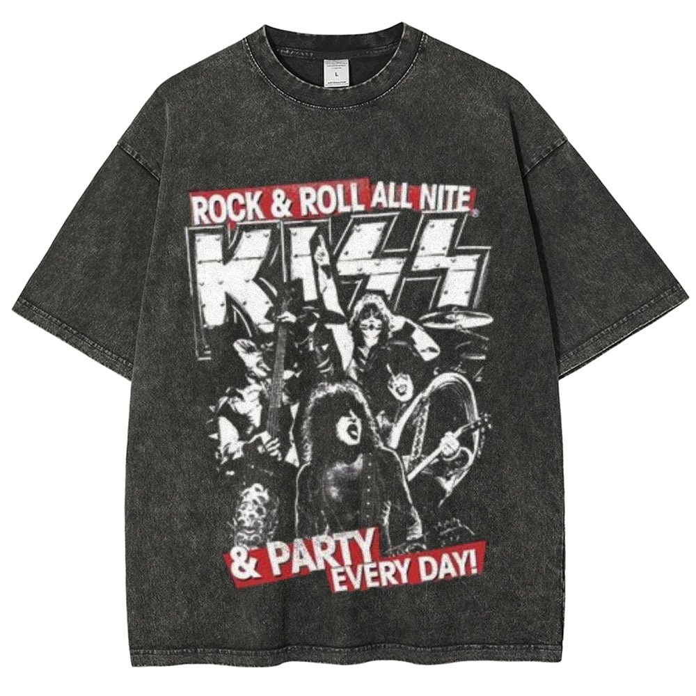 Unisex Vintage The Kiss Rock Band Print Short Sleeve Casual Graphic Washed T-shirt