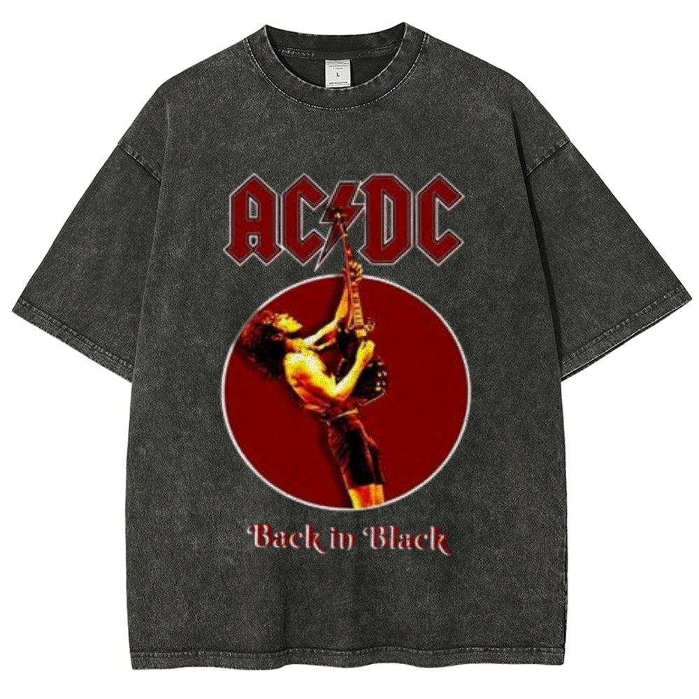 Unisex Vintage The Acdc Rock Band Print Short Sleeve Casual Graphic Washed T-shirt