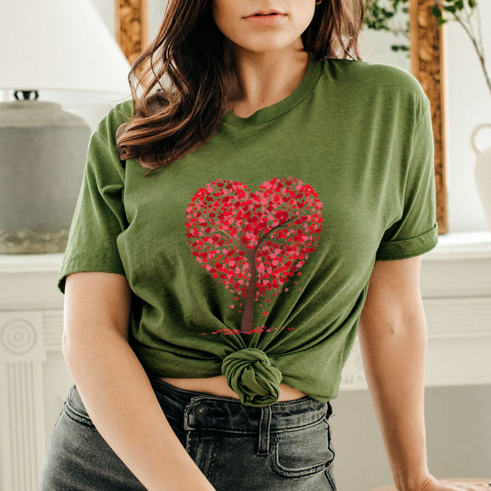 Women Valentine's Day Love Heart Tree Print Graphic T-shirt