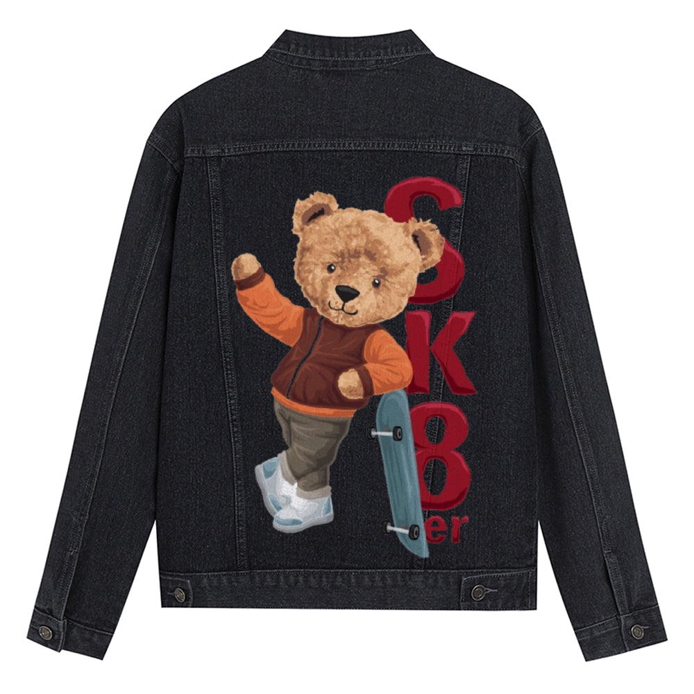 Mens Vintage Cartoon Cute Bear SK8er Prints Denim Jacket