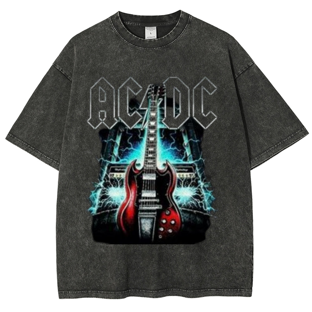 Unisex Vintage The Acdc Rock Band Print Short Sleeve Casual Graphic Washed T-shirt