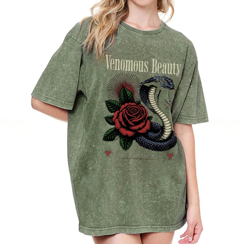 Women Washed Vintage Beauty Rose Snake Graphic Tee