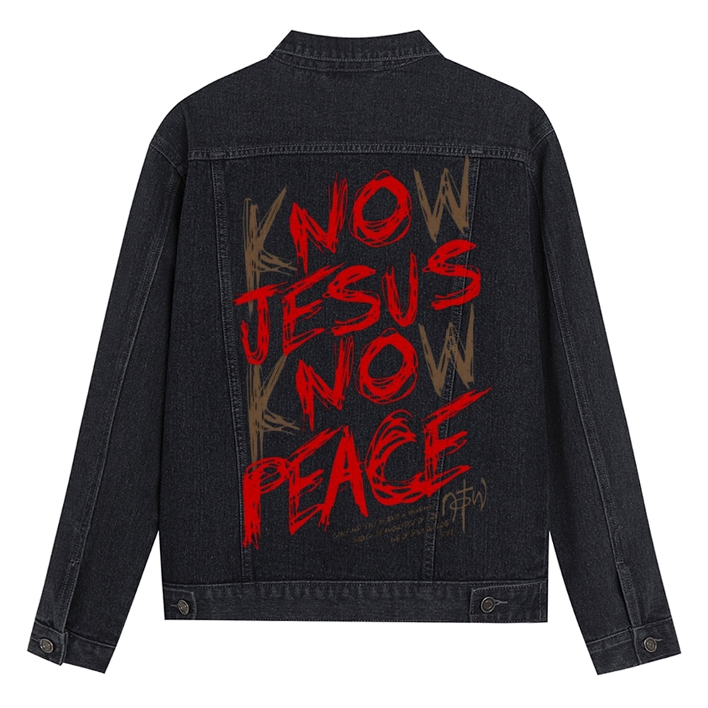 Mens Vintage KNOW JESUS KNOW PEACE Graphic Denim Jacket