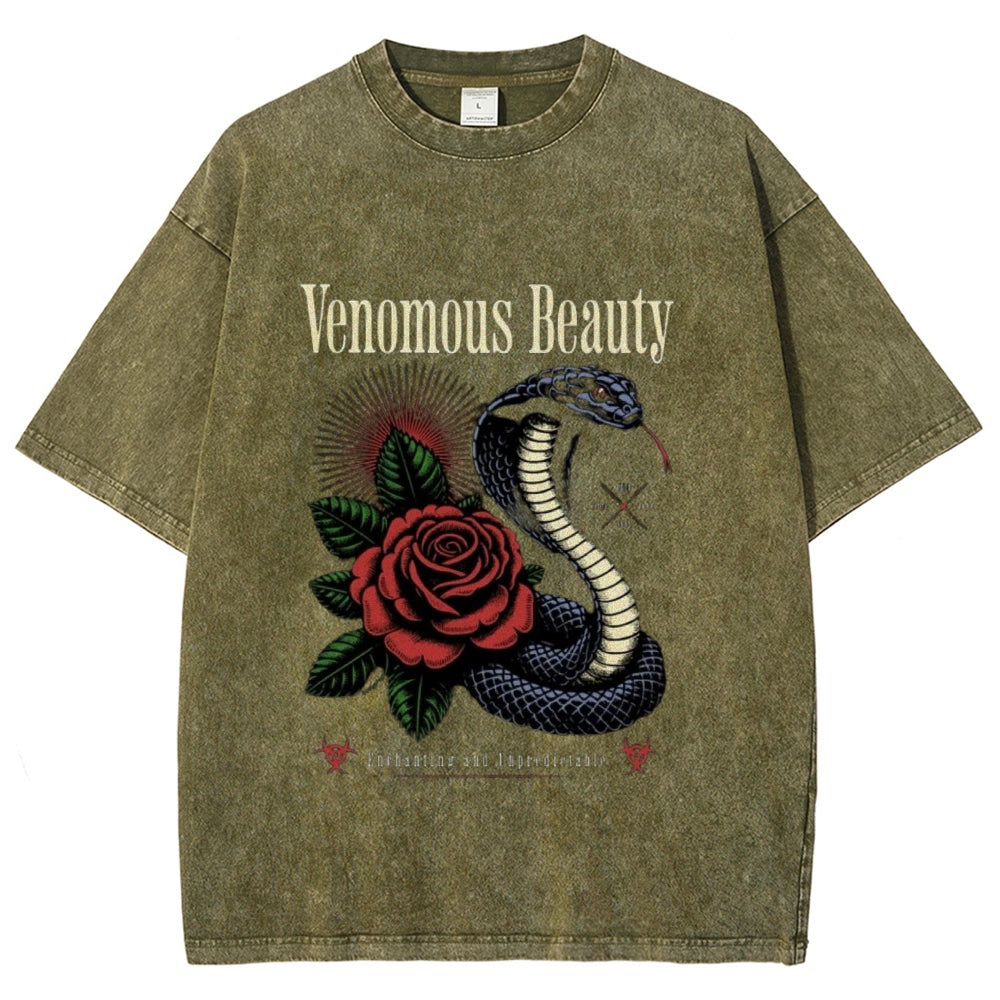 Women Washed Vintage Beauty Rose Snake Graphic T-shirt