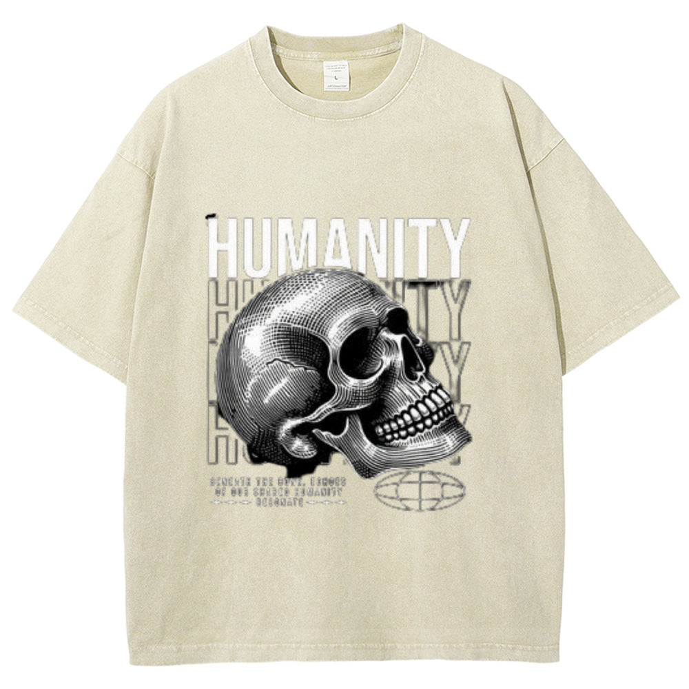 Women Washed Vintage Humanity Skull Graphic T-shirt