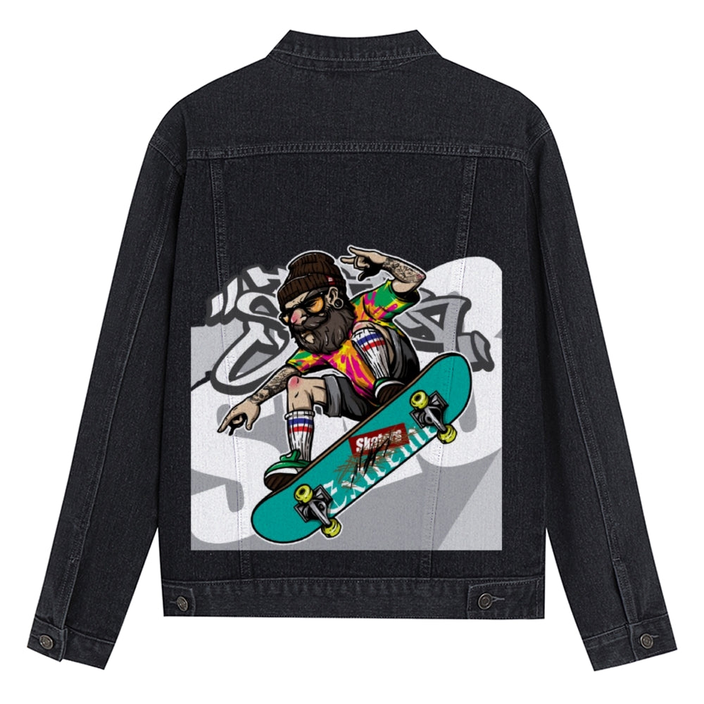 Mens Vintage Skate Cartoon Prints Denim Jacket