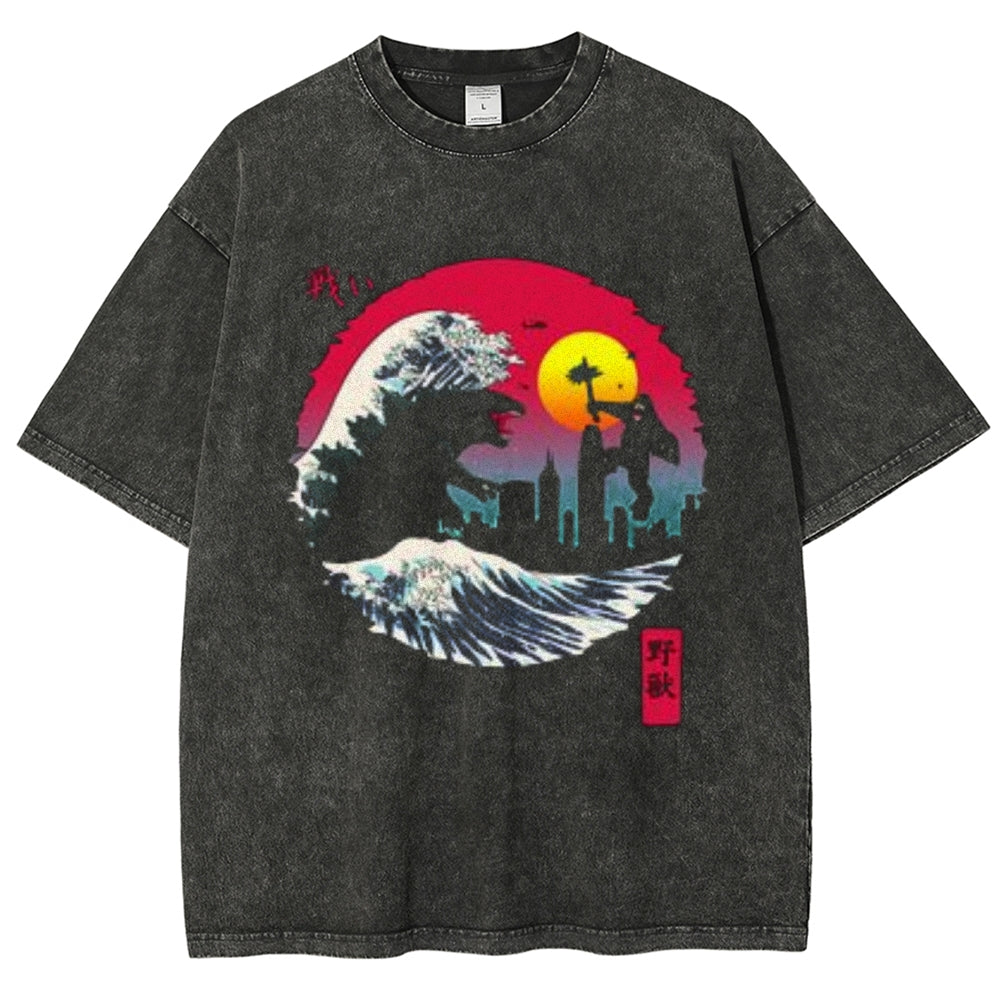 Unisex Vintage Godzilla Darkness Style Graphic Short Sleeve Washed T-shirt