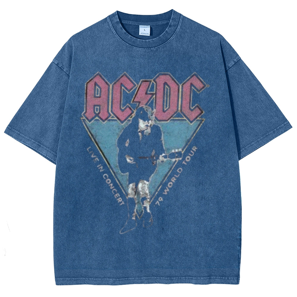 Unisex Vintage The Acdc Rock Band Print Short Sleeve Casual Graphic Washed T-shirt