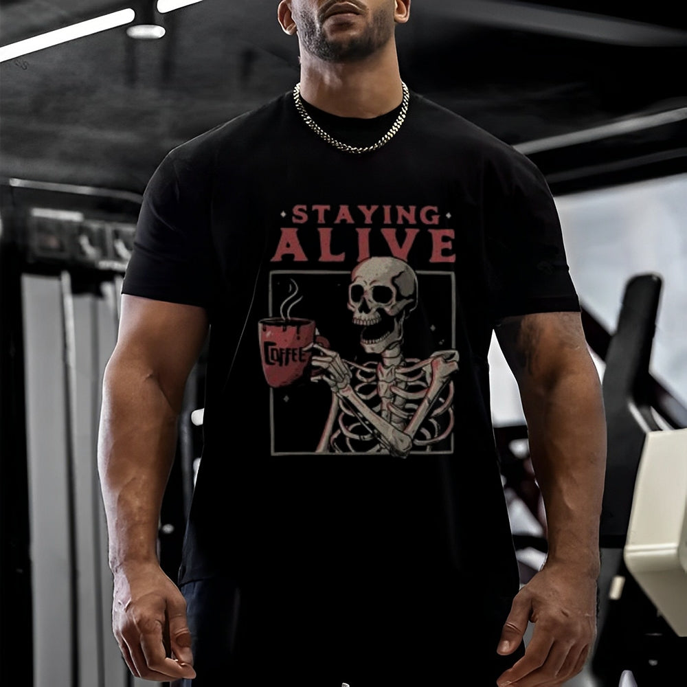 Mens Staying Alive Skull with Coffee Graphic Tee