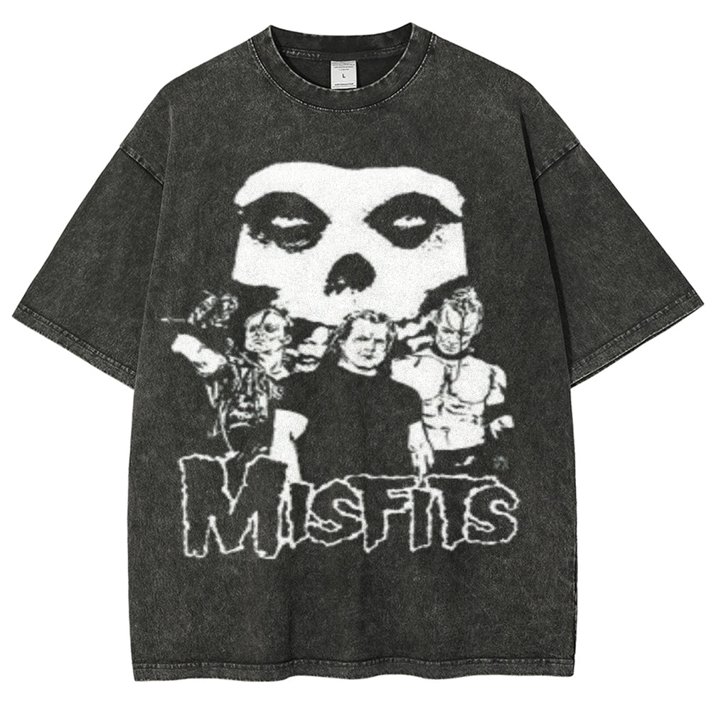 Unisex Vintage The Misfits Rock Band Print Short Sleeve Casual Graphic Washed T-shirt