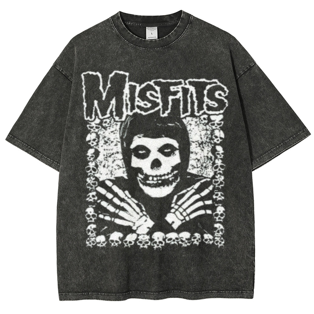 Unisex Vintage The Misfits Rock Band Print Short Sleeve Casual Graphic Washed T-shirt