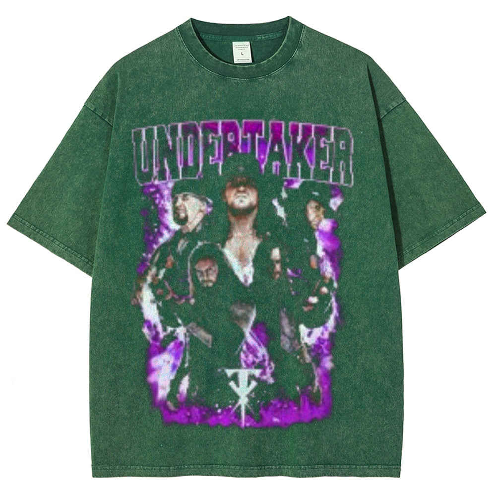 Unisex Vintage Undertaker Darkness Style Graphic Short Sleeve Washed T-shirt