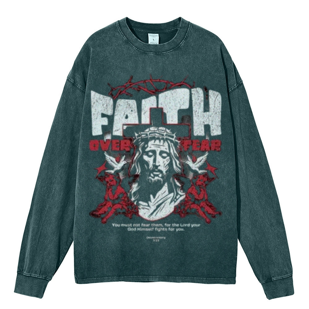 Oversized Vintage Washed Faith Over Fear Gothic Graphic Sweatshirt