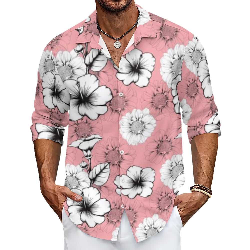 Mens Pink with White Flowers Print Long Sleeve Shirt