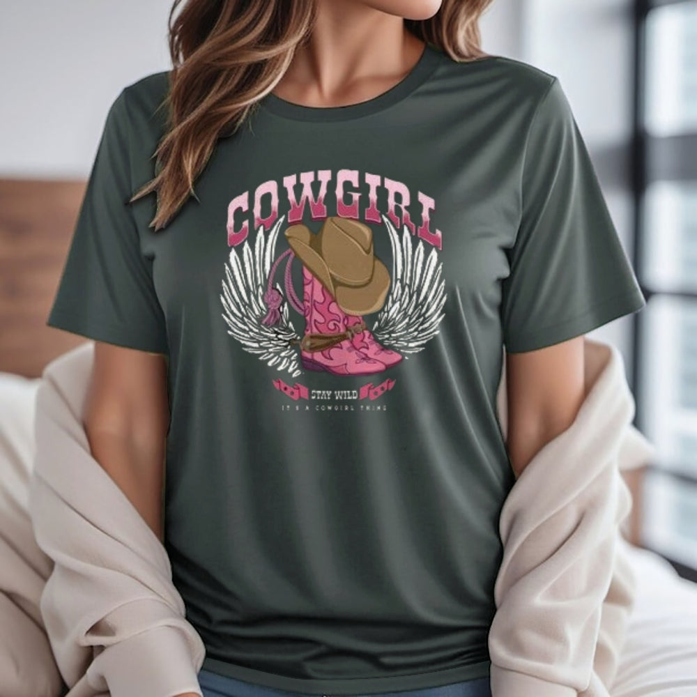 Women Western Style Cowgirl And Wing Graphic T-shirt