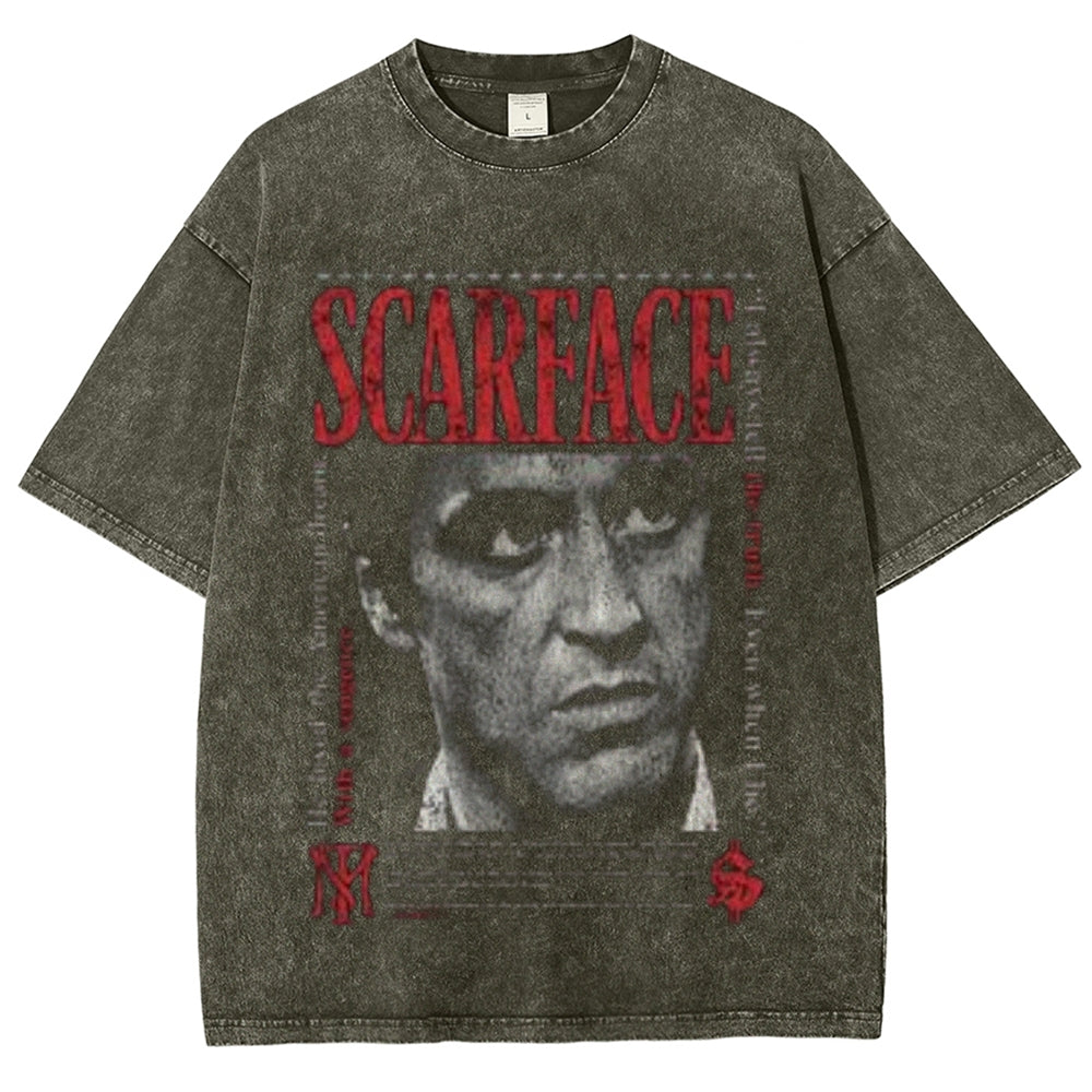 Unisex Vintage Scarface Horror Graphic Short Sleeve Washed T-shirt