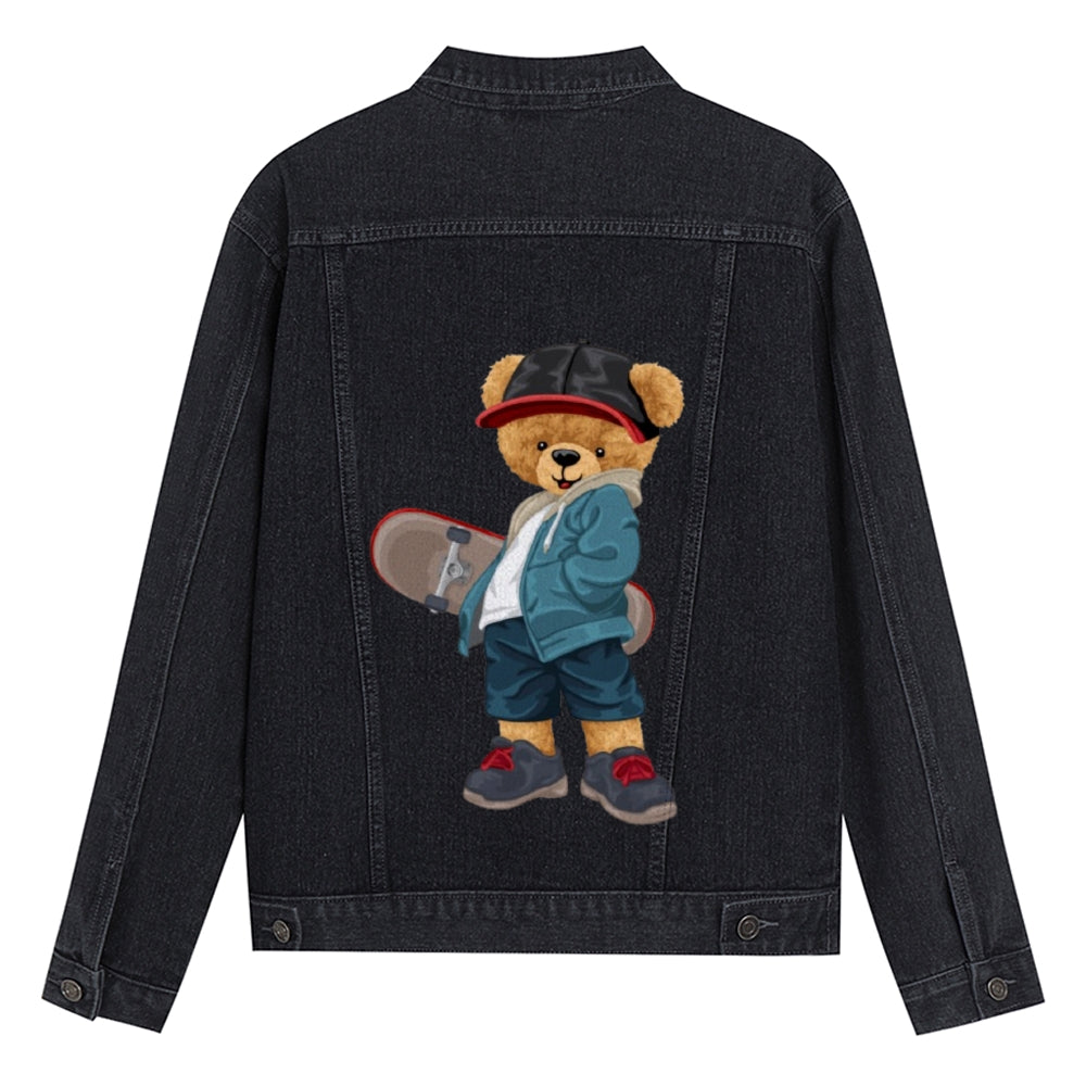 Mens Vintage Cartoon Cute Skate Bear Prints Denim Jacket