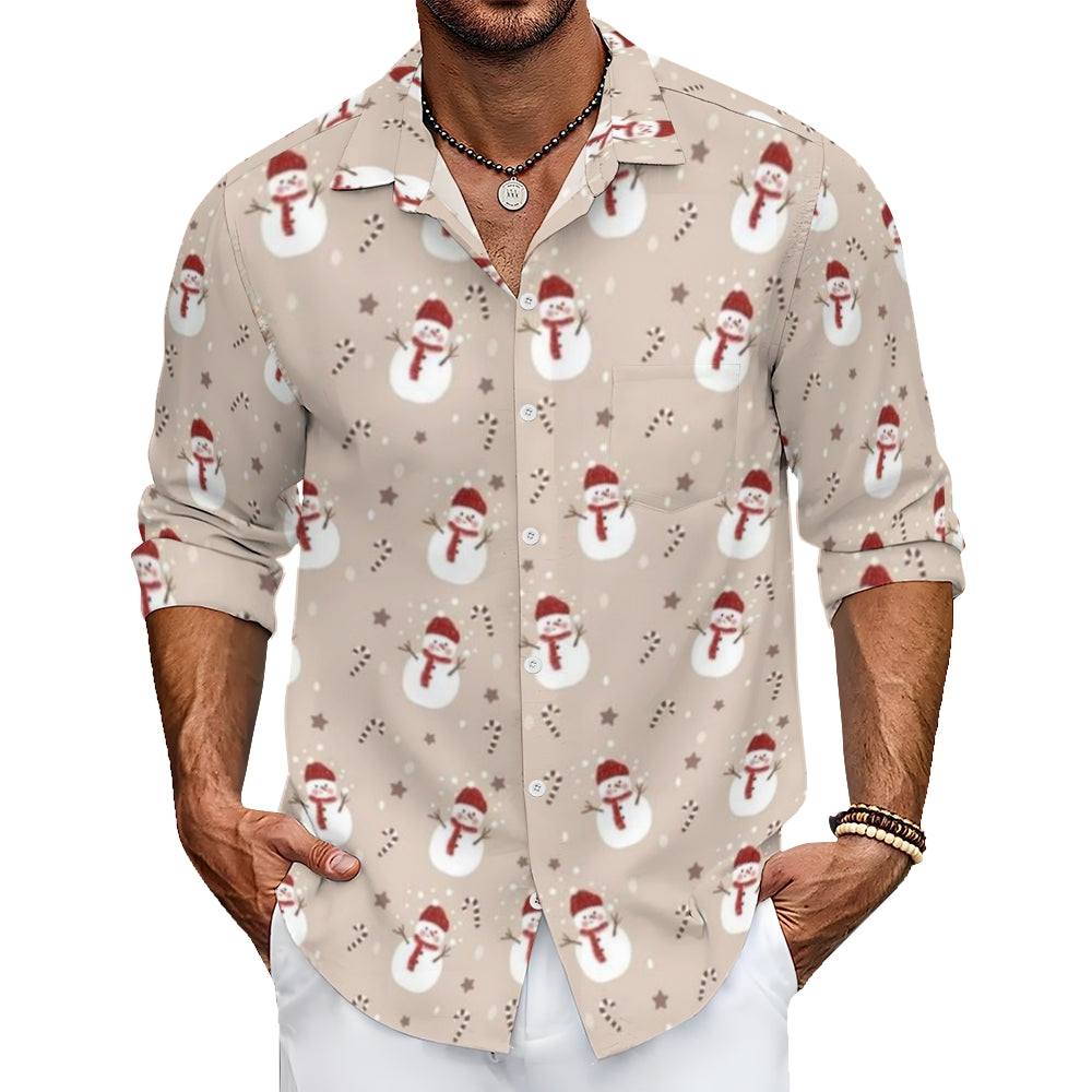 Mens Christmas Winter Snowman Print Long Sleeve Shirt