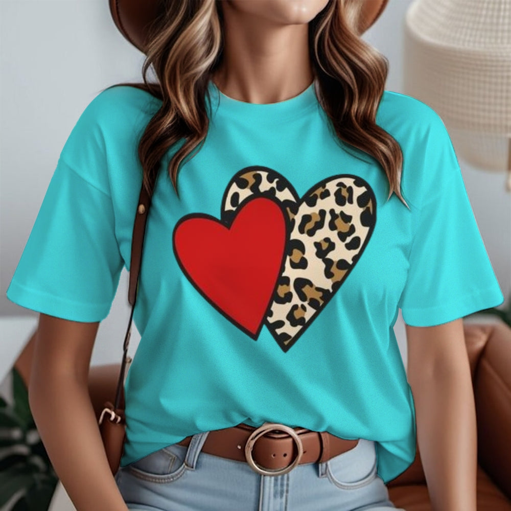 Women Love Leopard Heart Valentine's Day Print  Graphic T-shirt