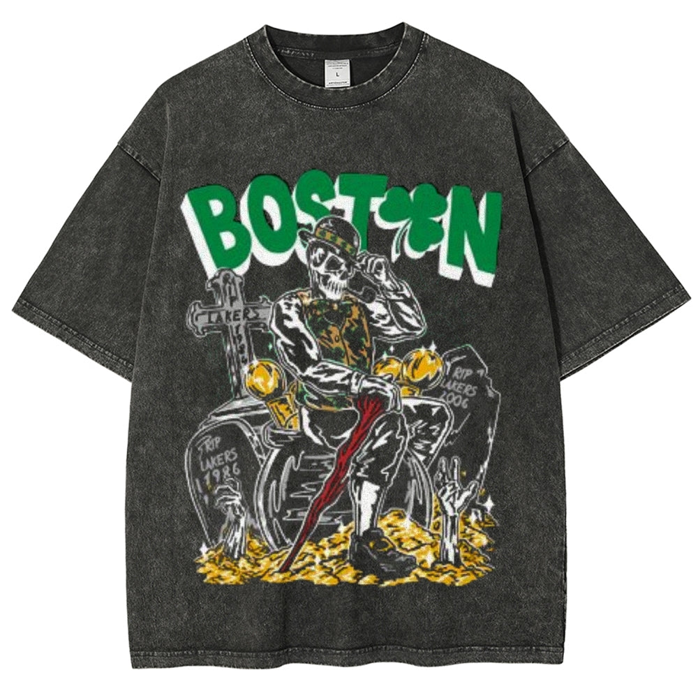 Unisex Vintage Boston Darkness Style Graphic Short Sleeve Washed T-shirt