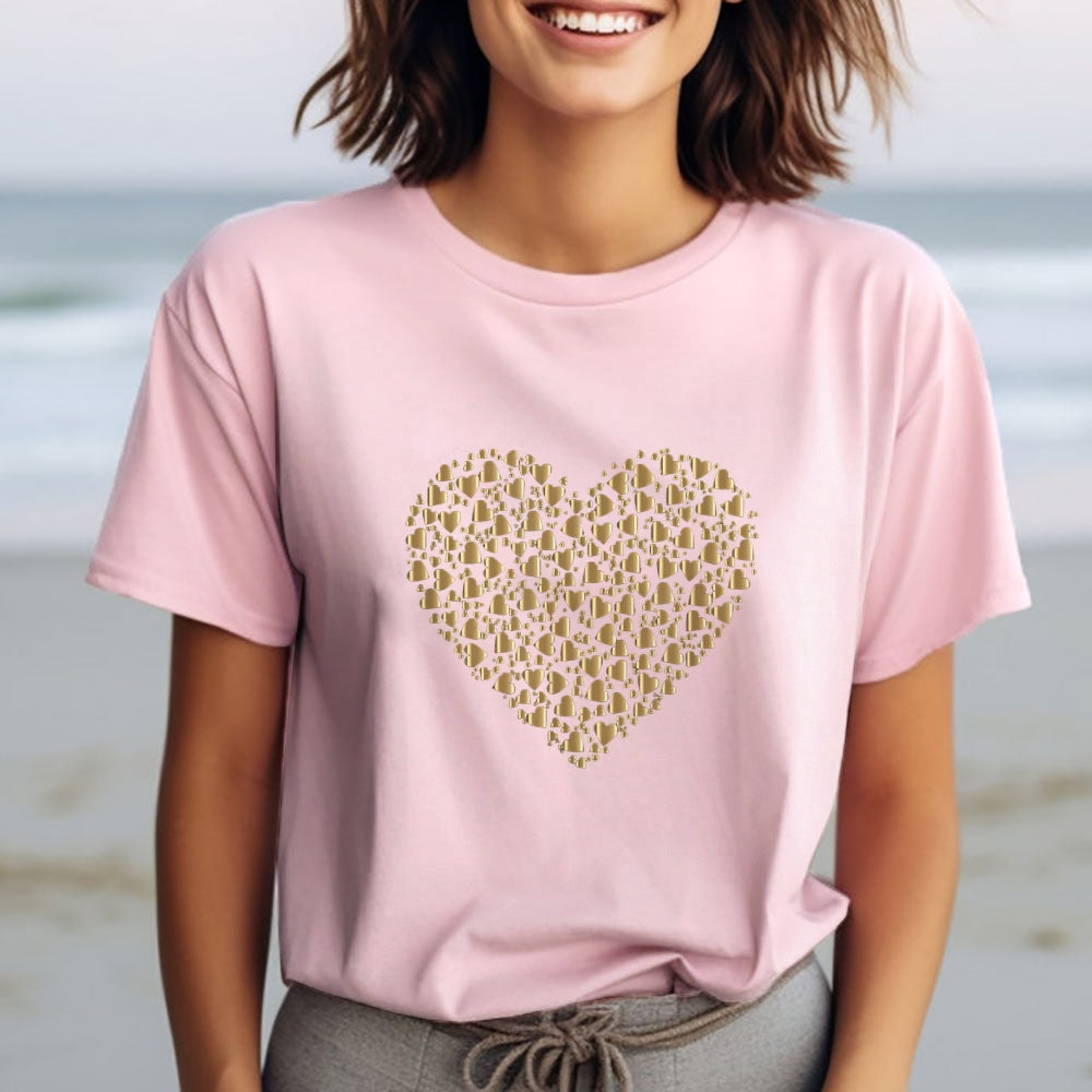 Women Valentine's Day Love Golden Heart Print Graphic T-shirt