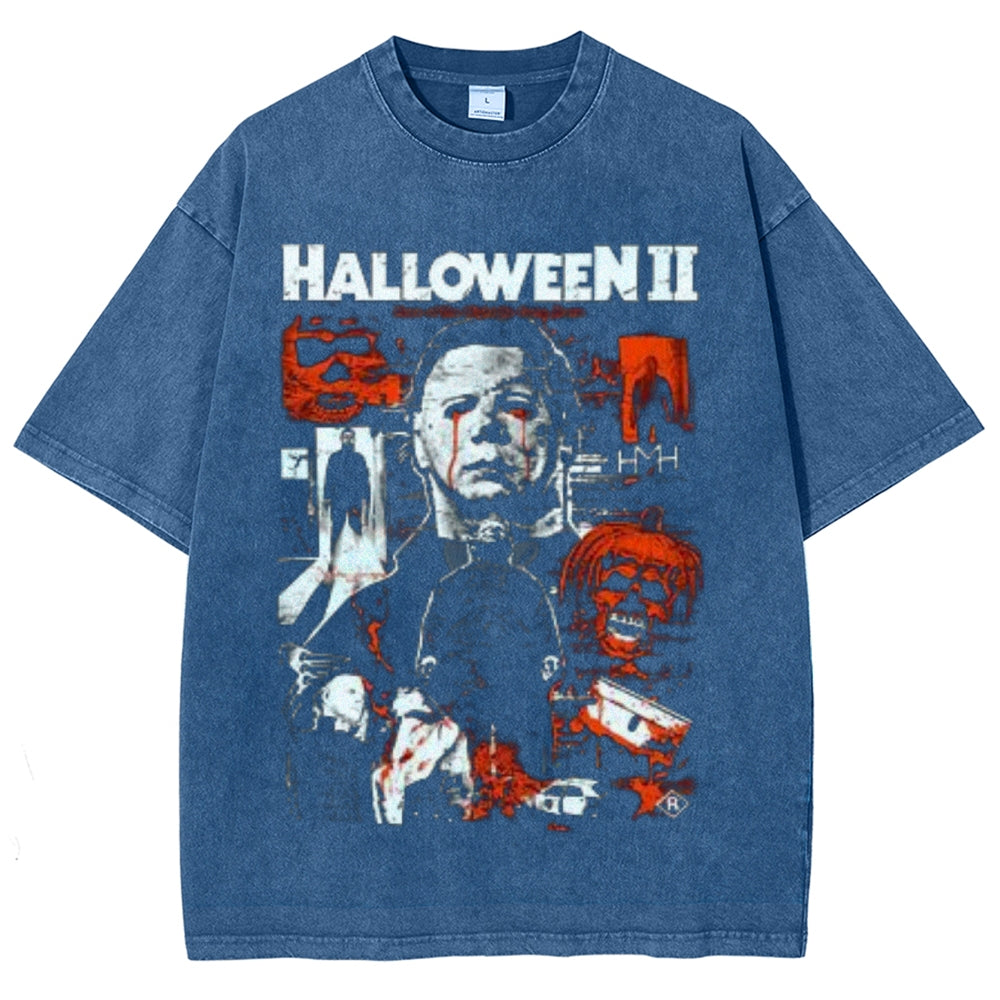 Unisex Vintage Halloween Horror Style Graphic Short Sleeve Washed T-shirt