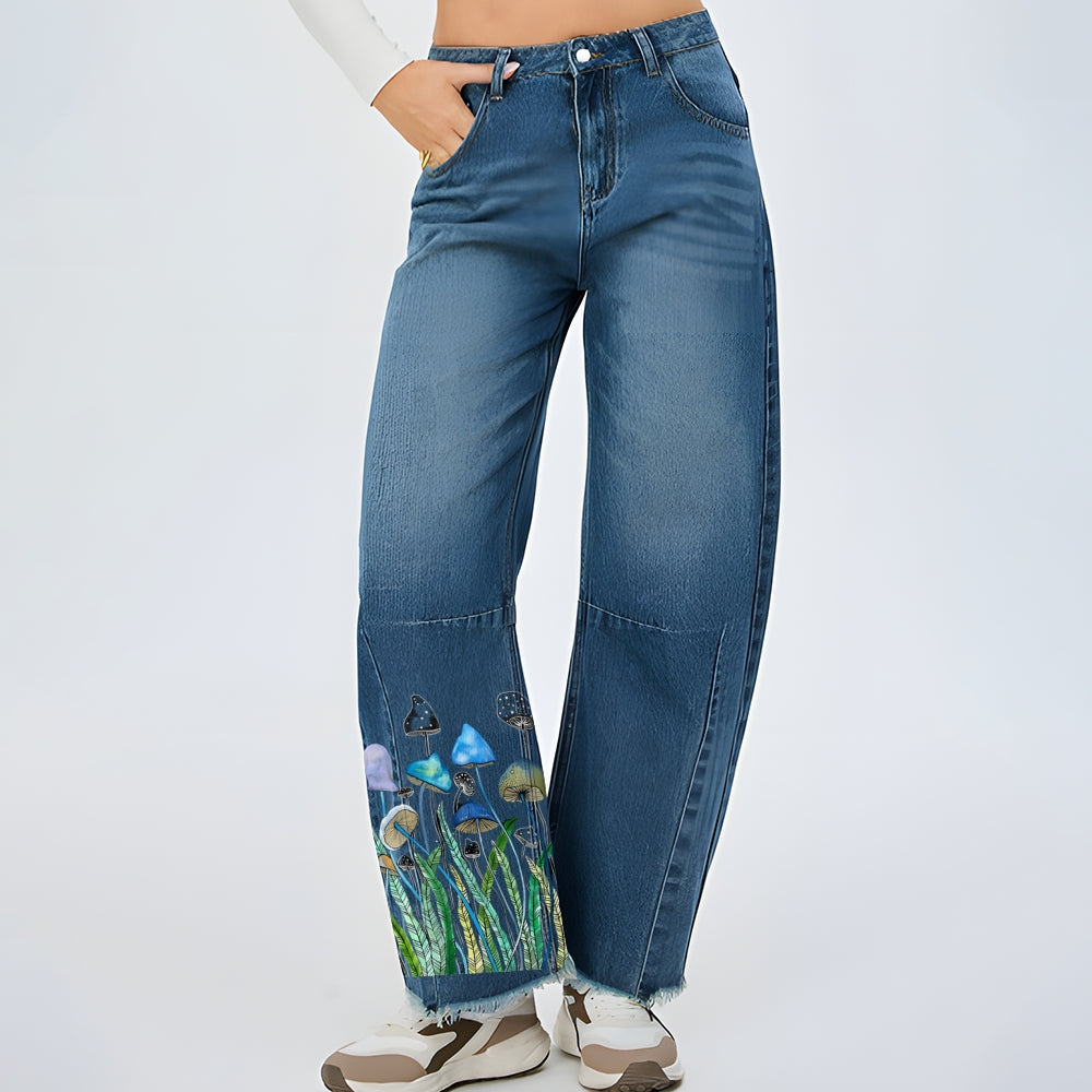 Women Plant And Mushroom Graphic Baggy Straight Leg Jean