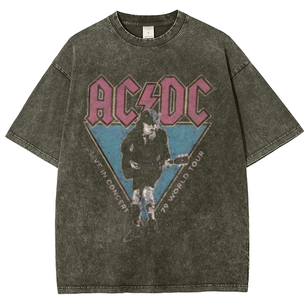 Unisex Vintage The Acdc Rock Band Print Short Sleeve Casual Graphic Washed T-shirt