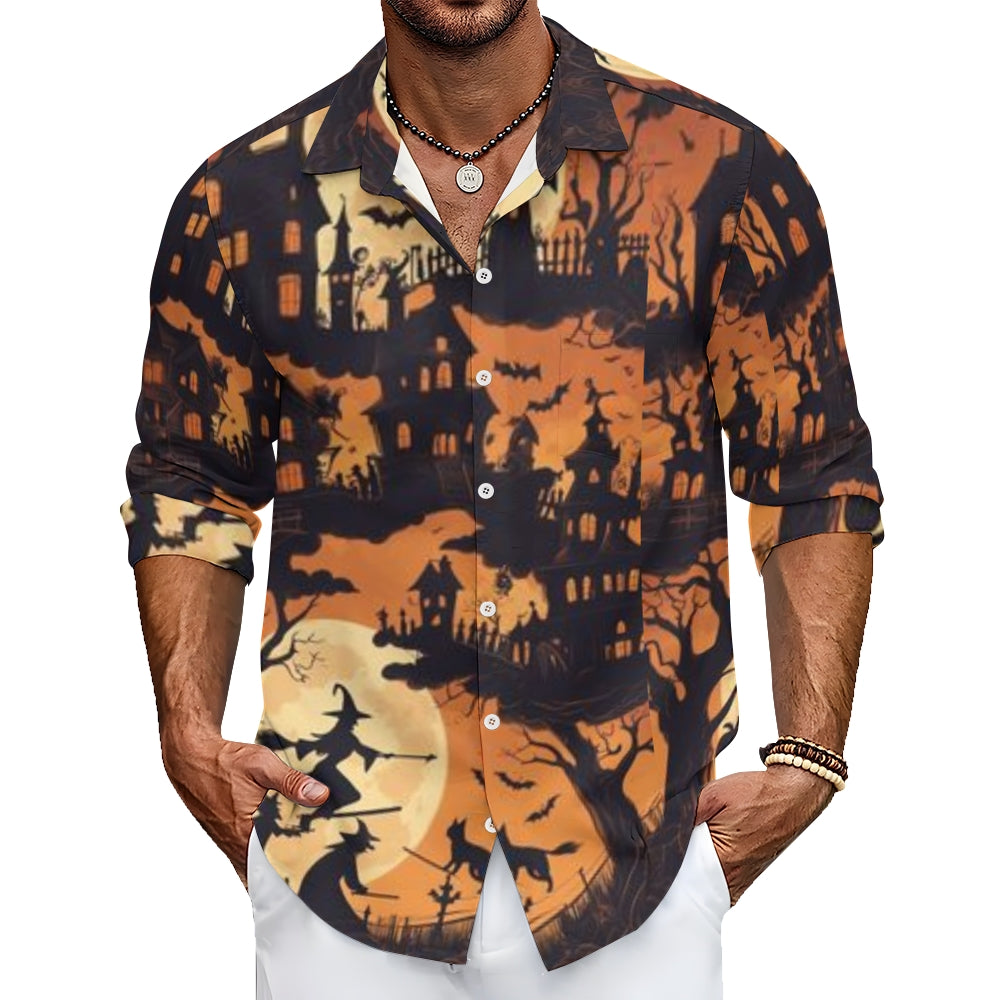 Mens Halloween Mystery Night Print Long Sleeve Shirt