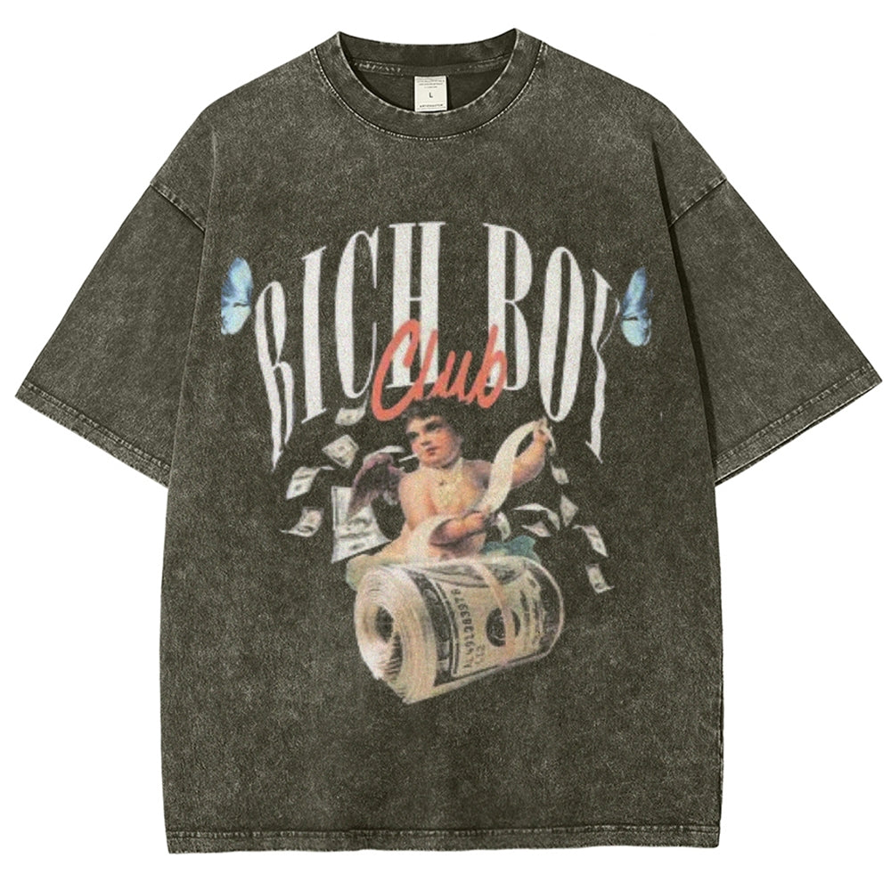 Unisex Vintage Rich Boy Club Graphic Short Sleeve Washed T-shirt